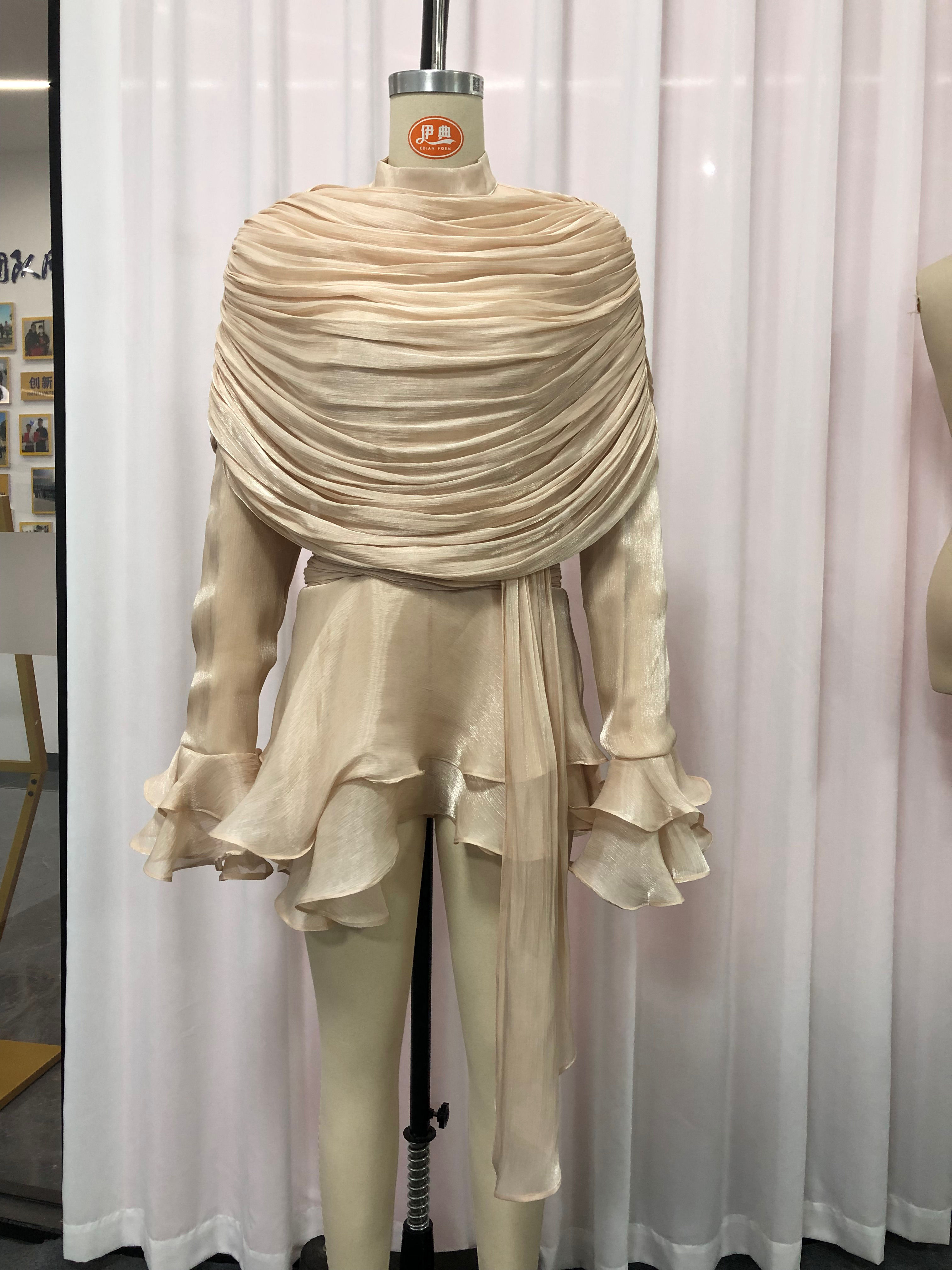 TWOTWINSTYLE Stand Collar Ruffles Minimalist Mini Dress