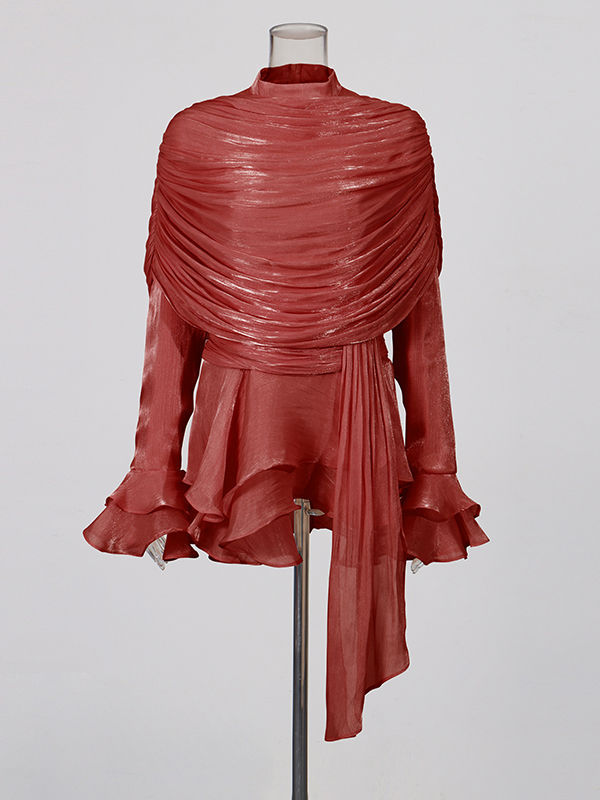 TWOTWINSTYLE Stand Collar Ruffles Minimalist Mini Dress