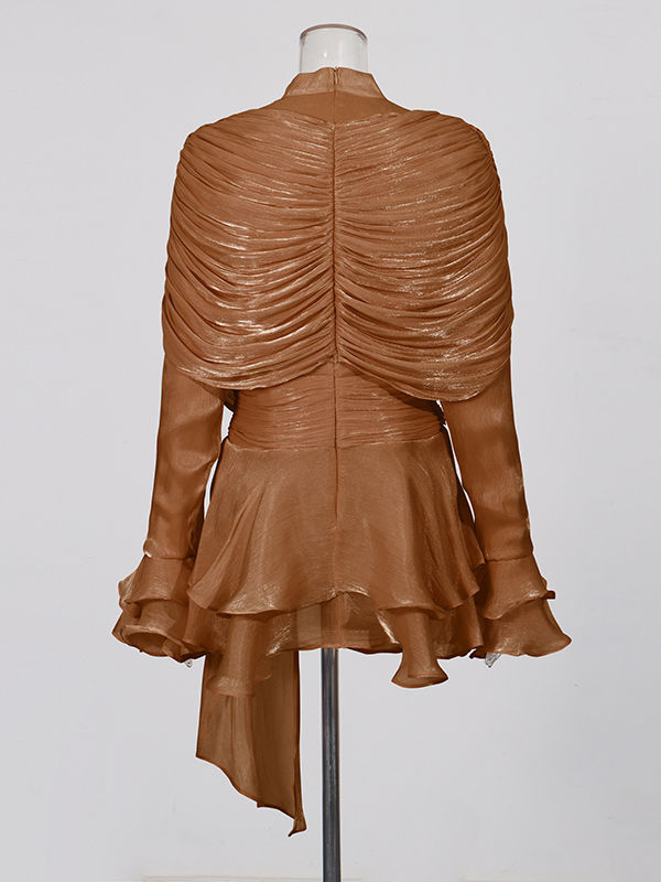 TWOTWINSTYLE Stand Collar Ruffles Minimalist Mini Dress