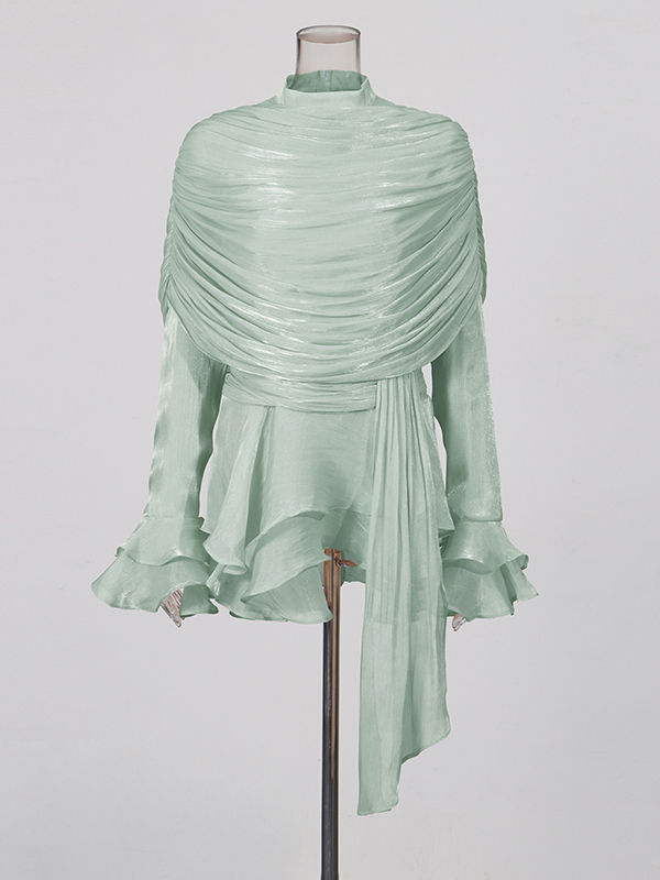 TWOTWINSTYLE Stand Collar Ruffles Minimalist Mini Dress