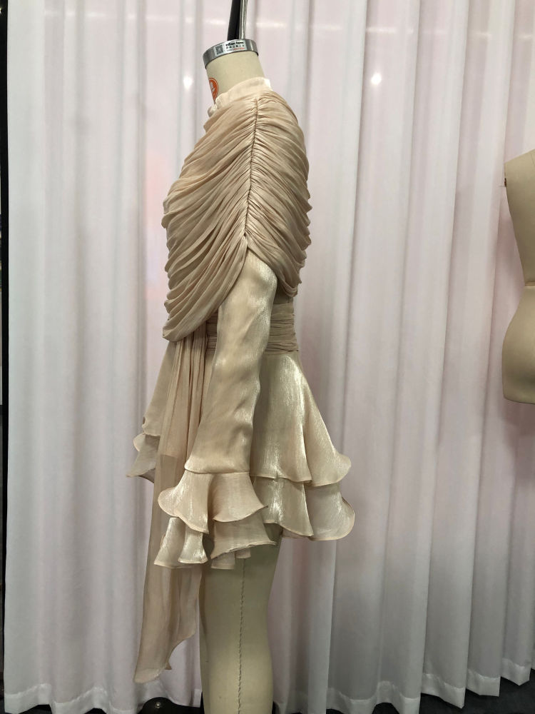 TWOTWINSTYLE Stand Collar Ruffles Minimalist Mini Dress