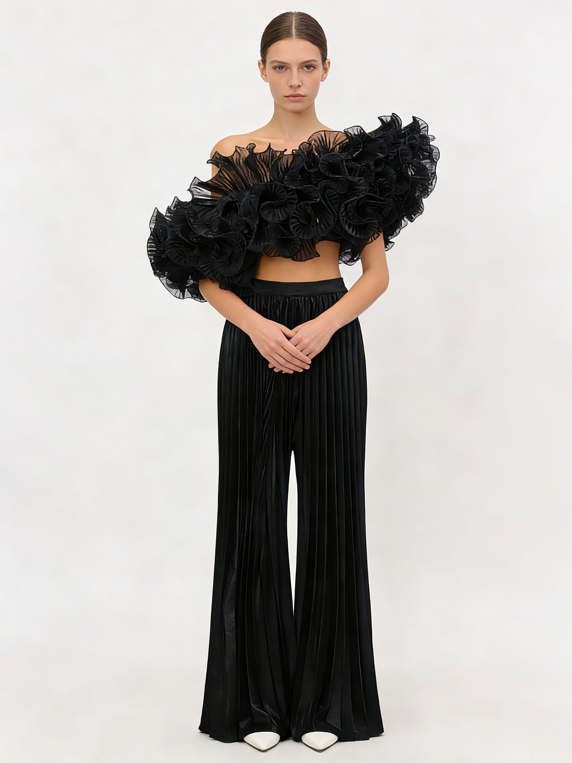 TWOTWINSTYLE Off Shoulder Spliced Ruffles Top Loose Pants Fashion Two Piece Set