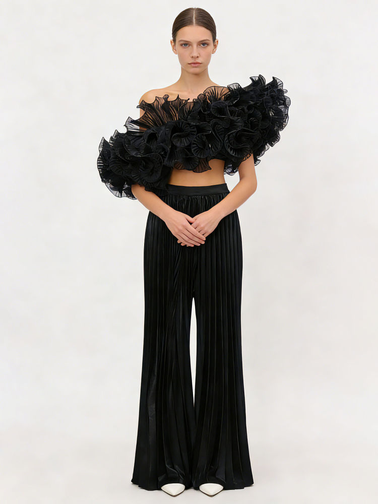 TWOTWINSTYLE Off Shoulder Spliced Ruffles Top Loose Pants Fashion Two Piece Set