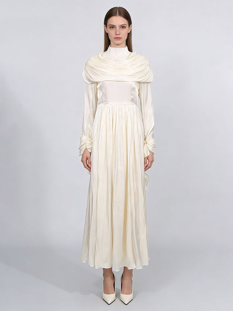 TWOTWINSTYLE Solid Stand Collar Tunic Patchwork Pleated Elegant Dress
