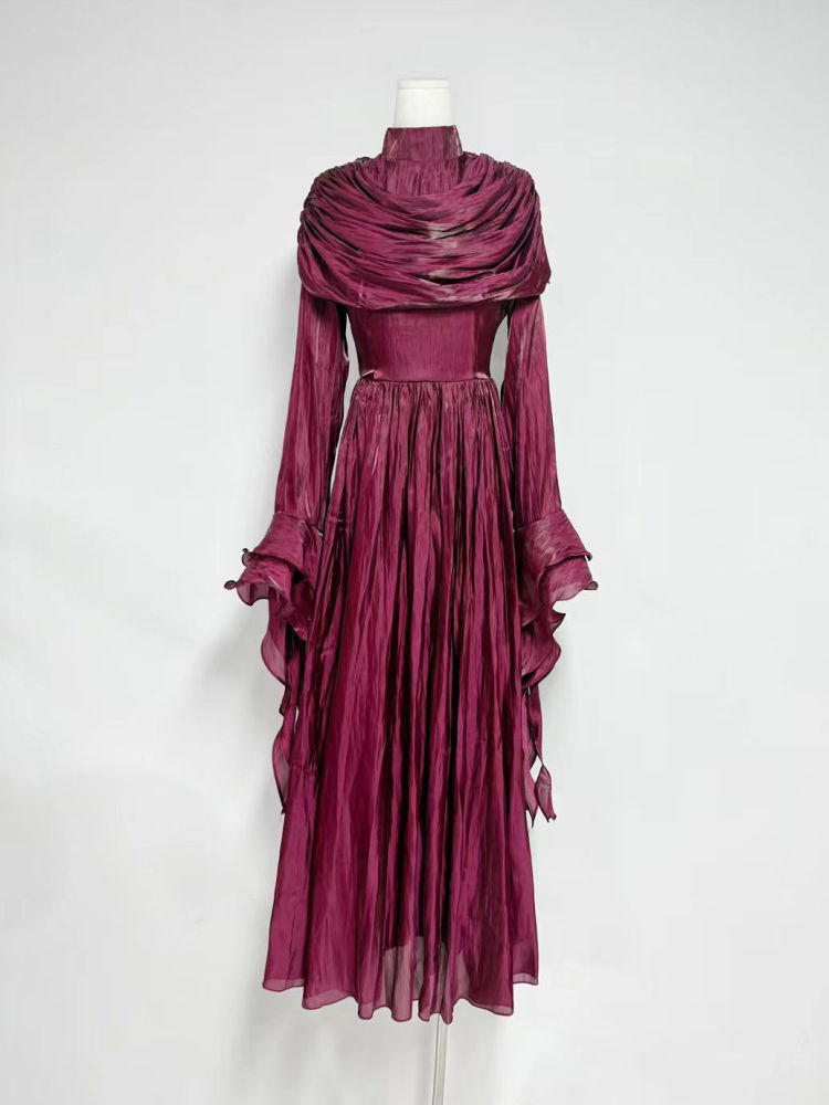 TWOTWINSTYLE Solid Stand Collar Tunic Patchwork Pleated Elegant Dress