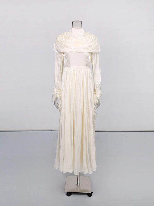 TWOTWINSTYLE Solid Stand Collar Tunic Patchwork Pleated Elegant Dress