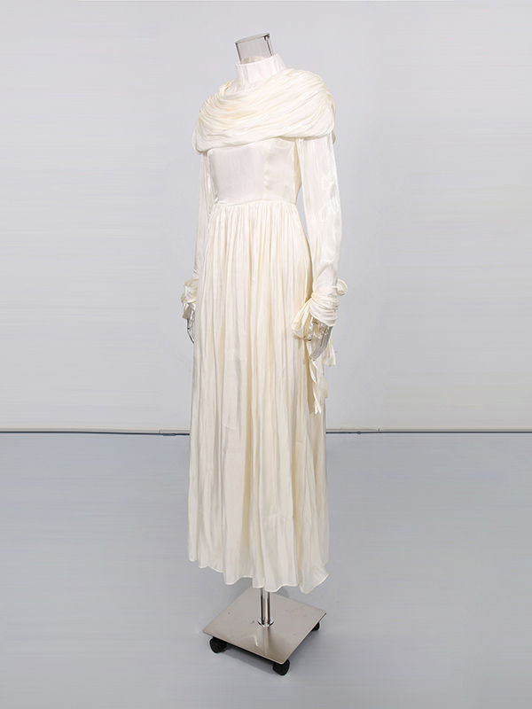 TWOTWINSTYLE Solid Stand Collar Tunic Patchwork Pleated Elegant Dress