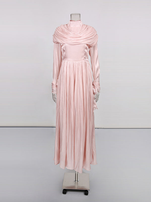 TWOTWINSTYLE Solid Stand Collar Tunic Patchwork Pleated Elegant Dress