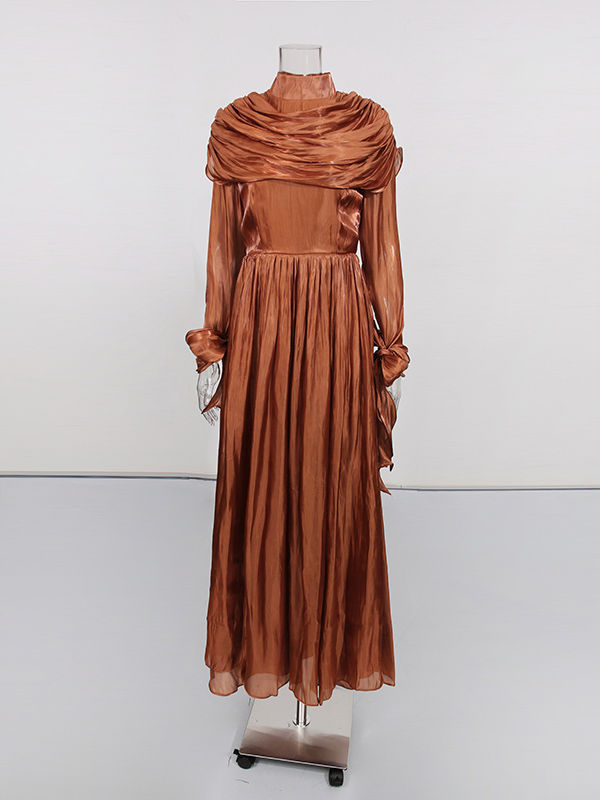 TWOTWINSTYLE Solid Stand Collar Tunic Patchwork Pleated Elegant Dress