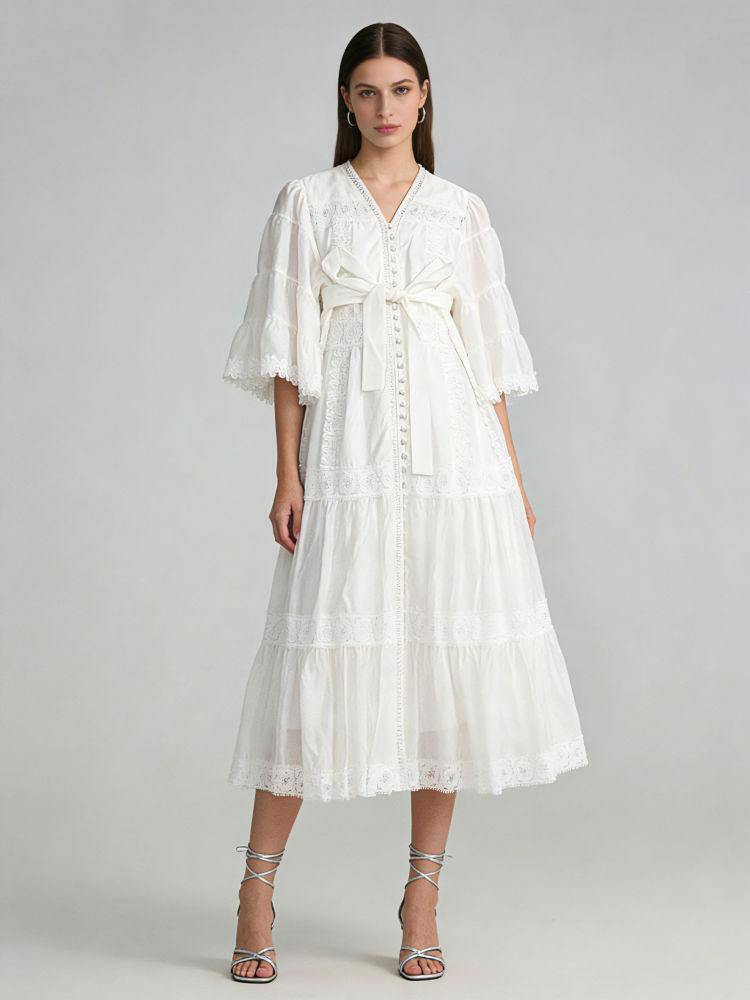 TWOTWINSTYLE Solid V Neck Patchwork Button Placket Fashion Dress