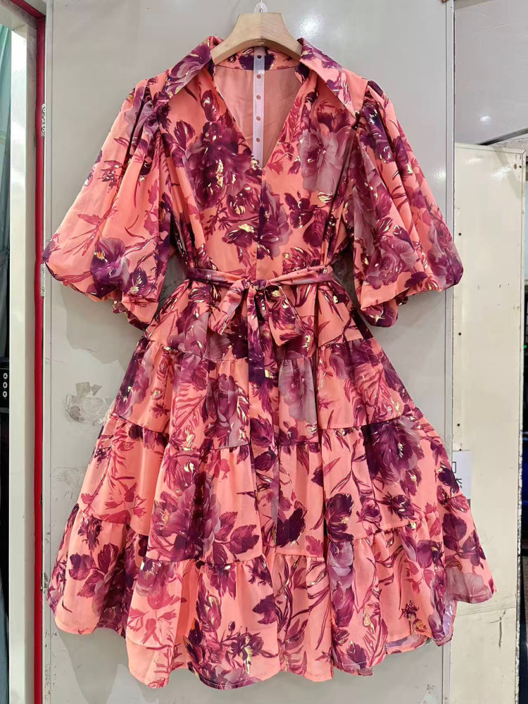 TWOTWINSTYLE V Neck Bell Sleeve Hit Color Fashion Dress