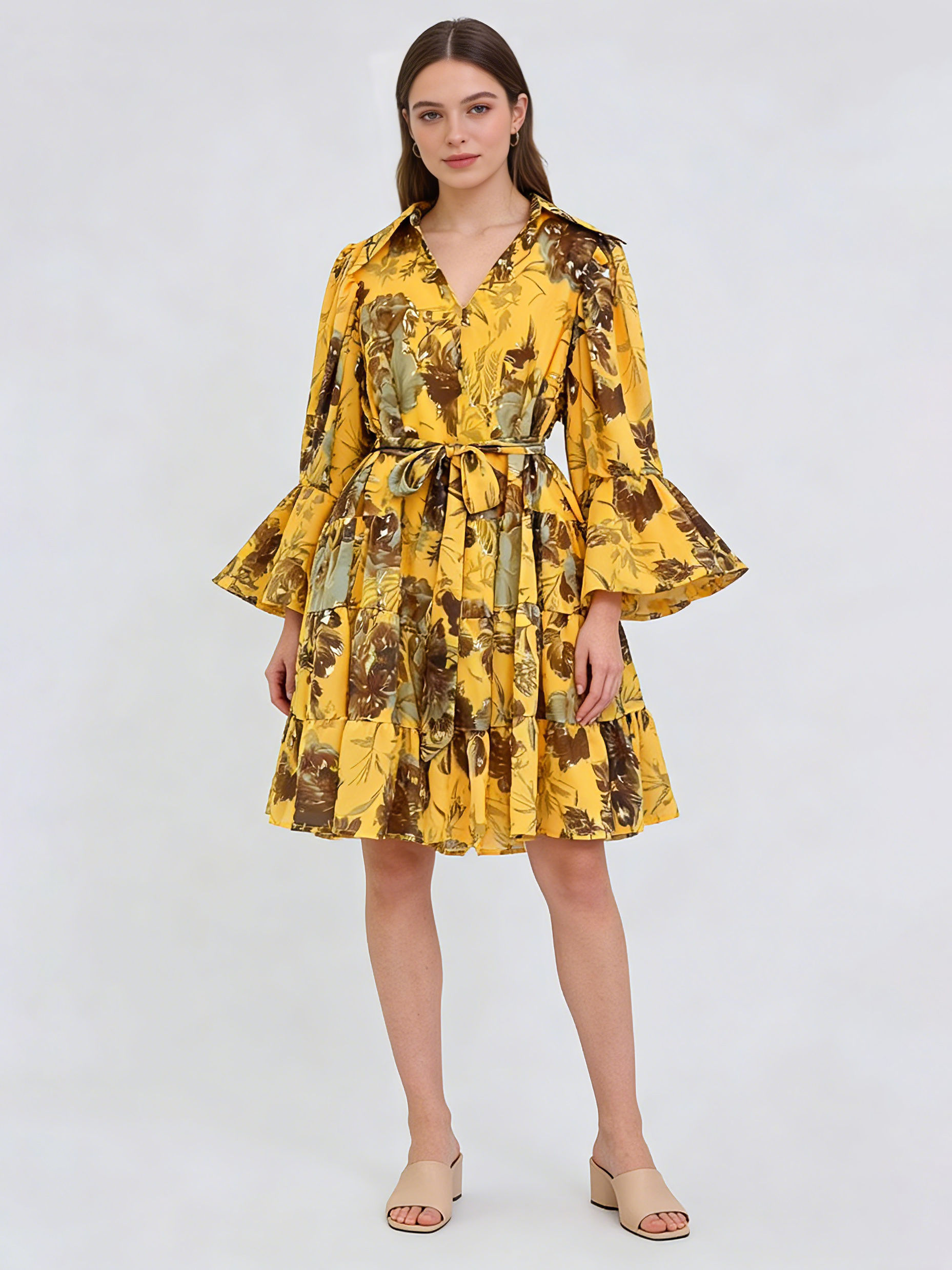 TWOTWINSTYLE V Neck Bell Sleeve Hit Color Fashion Dress