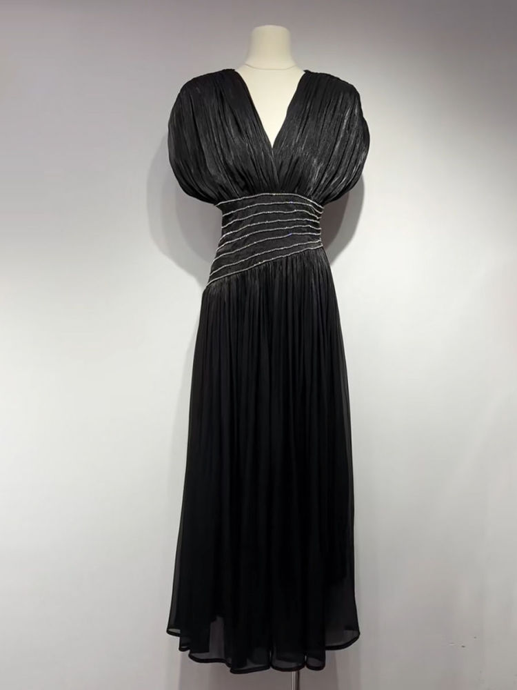TWOTWINSTYLE Solid V Neck Batwing Sleeve Tunic Vintage Dress