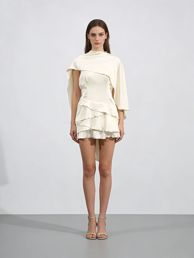 TWOTWINSTYLE Spliced Asymmetric Shawl Style Cloak Elegant Dress