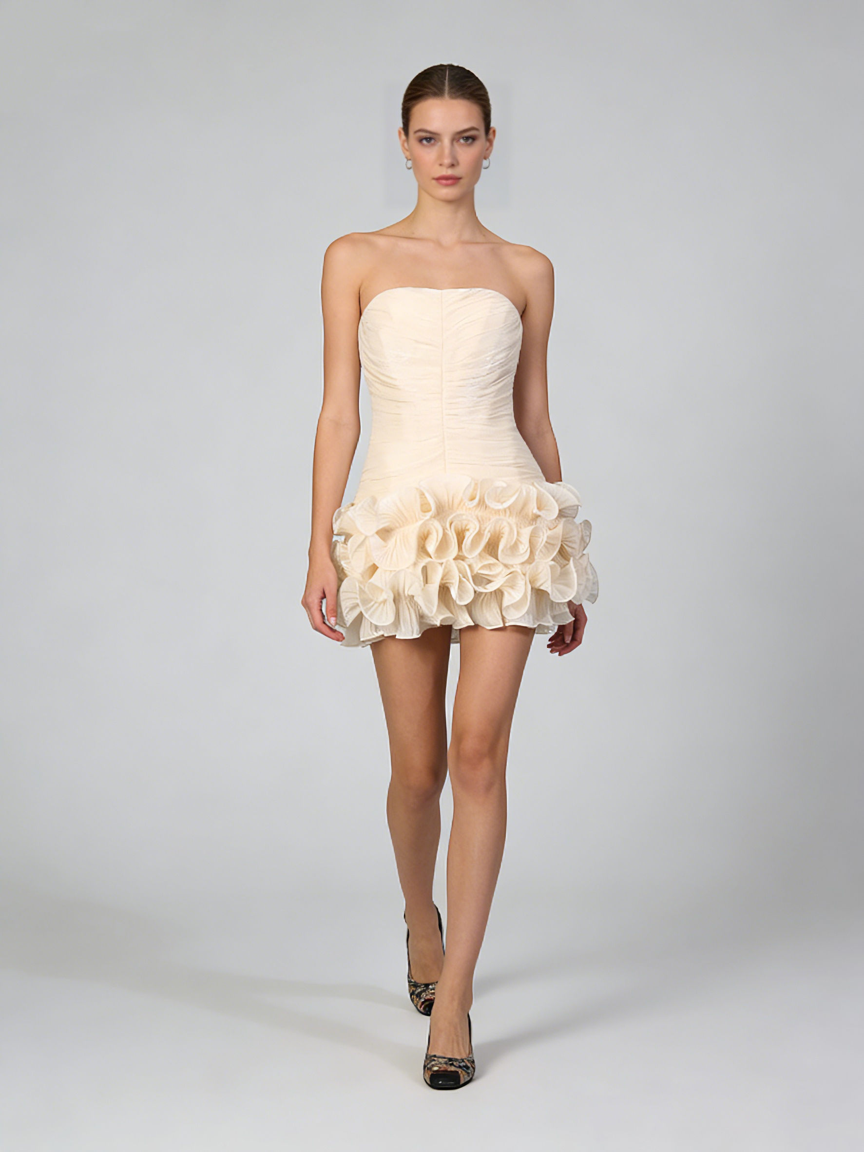 TWOTWINSTYLE Patchwork Ruffles Designer Strapless Mini Dress