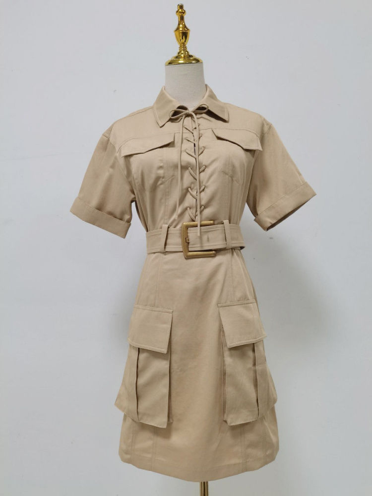 TWOTWINSTYLE Solid Lapel Patchwork Belt Casual Mini Dress