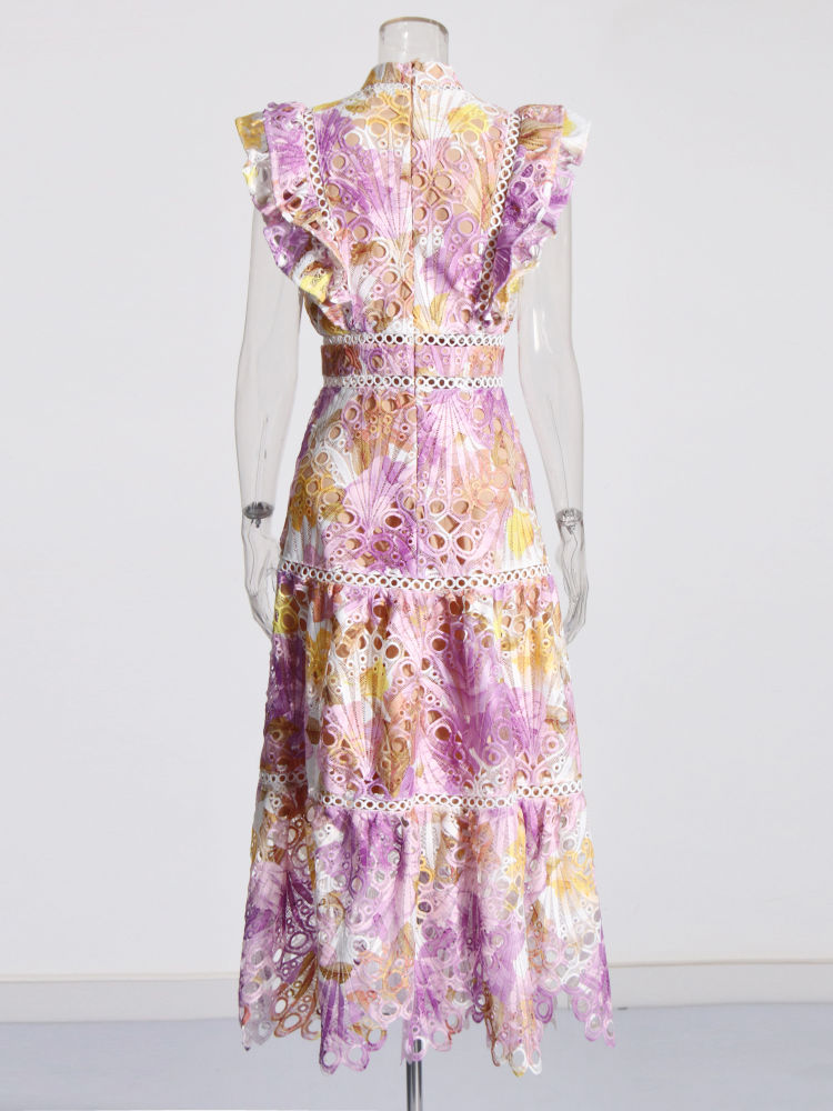 TWOTWINSTYLE Stand Collar Sleeveles Hit Color Elegant Dress
