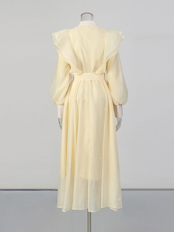 TWOTWINSTYLE Solid Spliced Ruffles Vintage Midi Dress