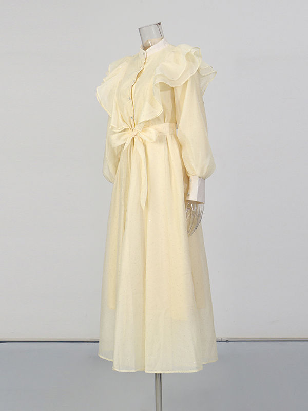 TWOTWINSTYLE Solid Spliced Ruffles Vintage Midi Dress
