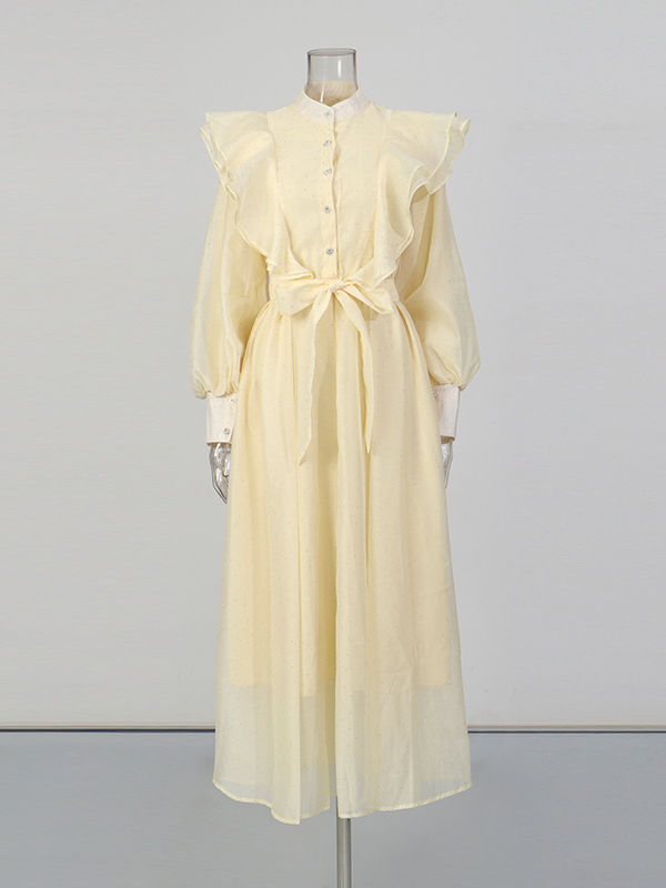 TWOTWINSTYLE Solid Spliced Ruffles Vintage Midi Dress