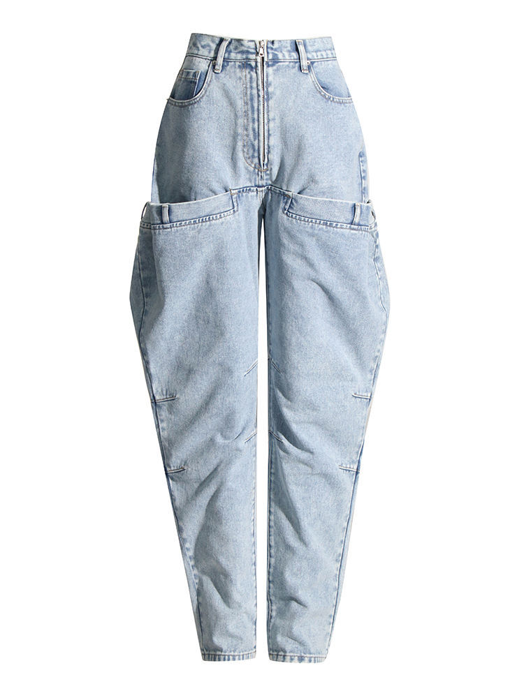 TWOTWINSTYLE High Waist Spliced Zipper Tapered Design Jeans