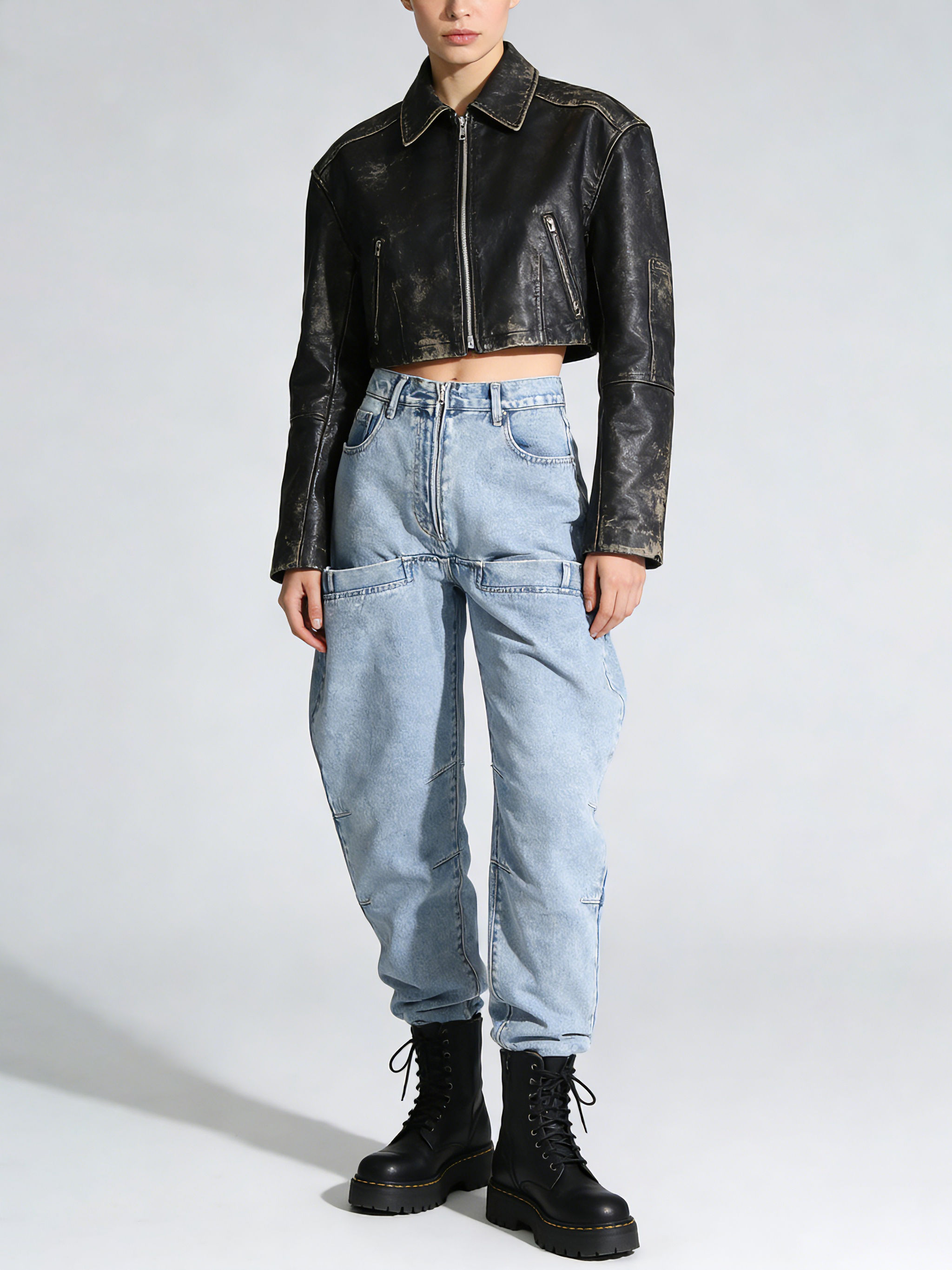 TWOTWINSTYLE High Waist Spliced Zipper Tapered Design Jeans