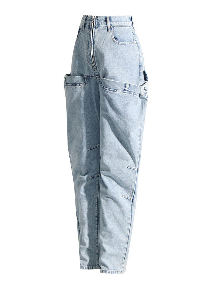 TWOTWINSTYLE High Waist Spliced Zipper Tapered Design Jeans