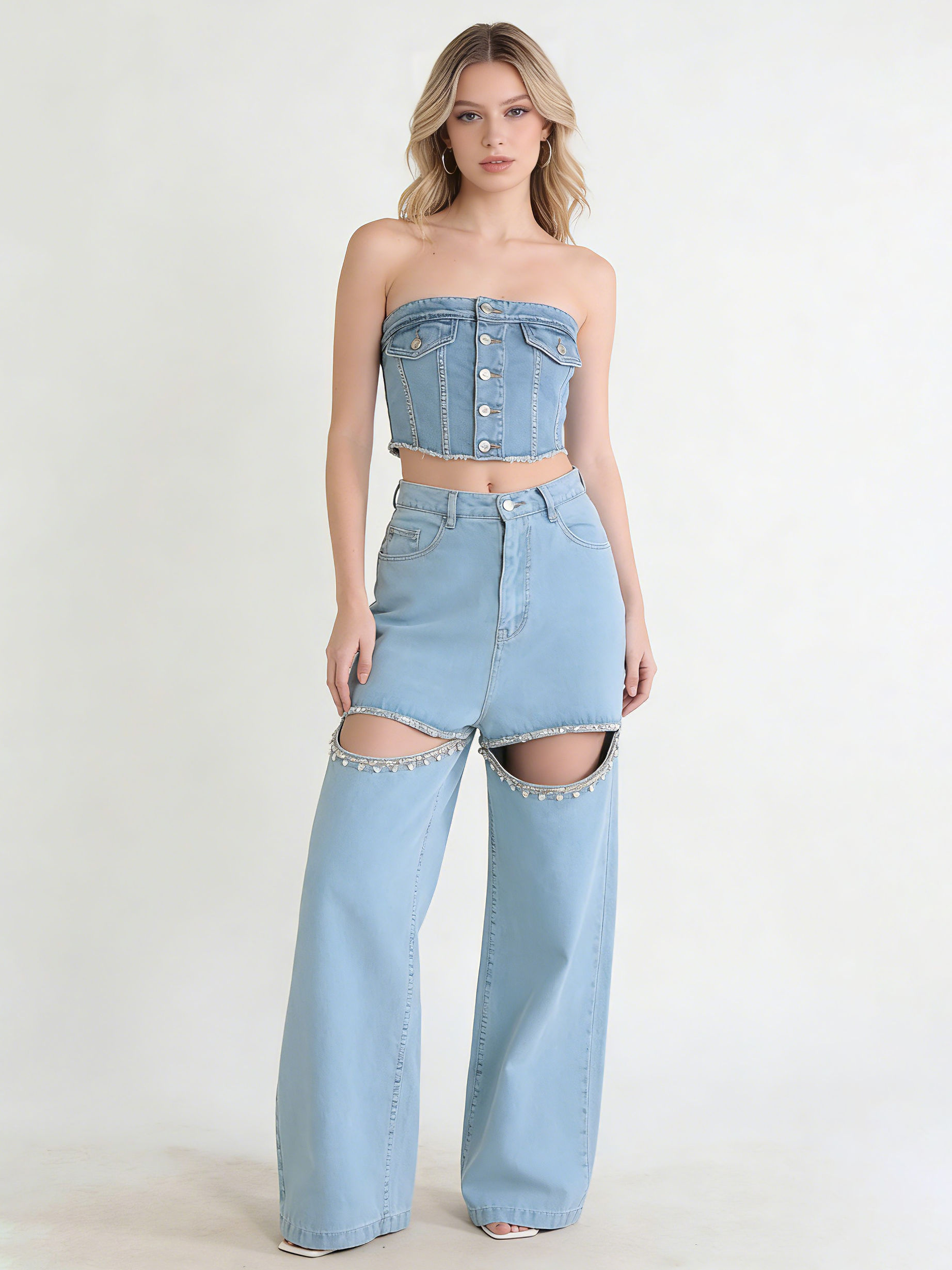 TWOTWINSTYLE Hollow Out High Waist Fashion Denim Pants