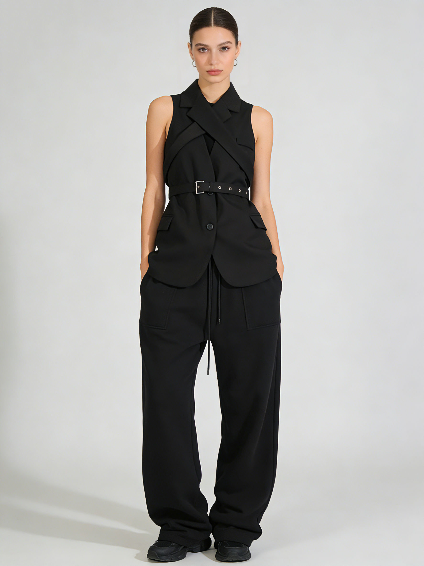 TWOTWINSTYLE Lapel Sleeveless Spliced Belt Fashion Vest