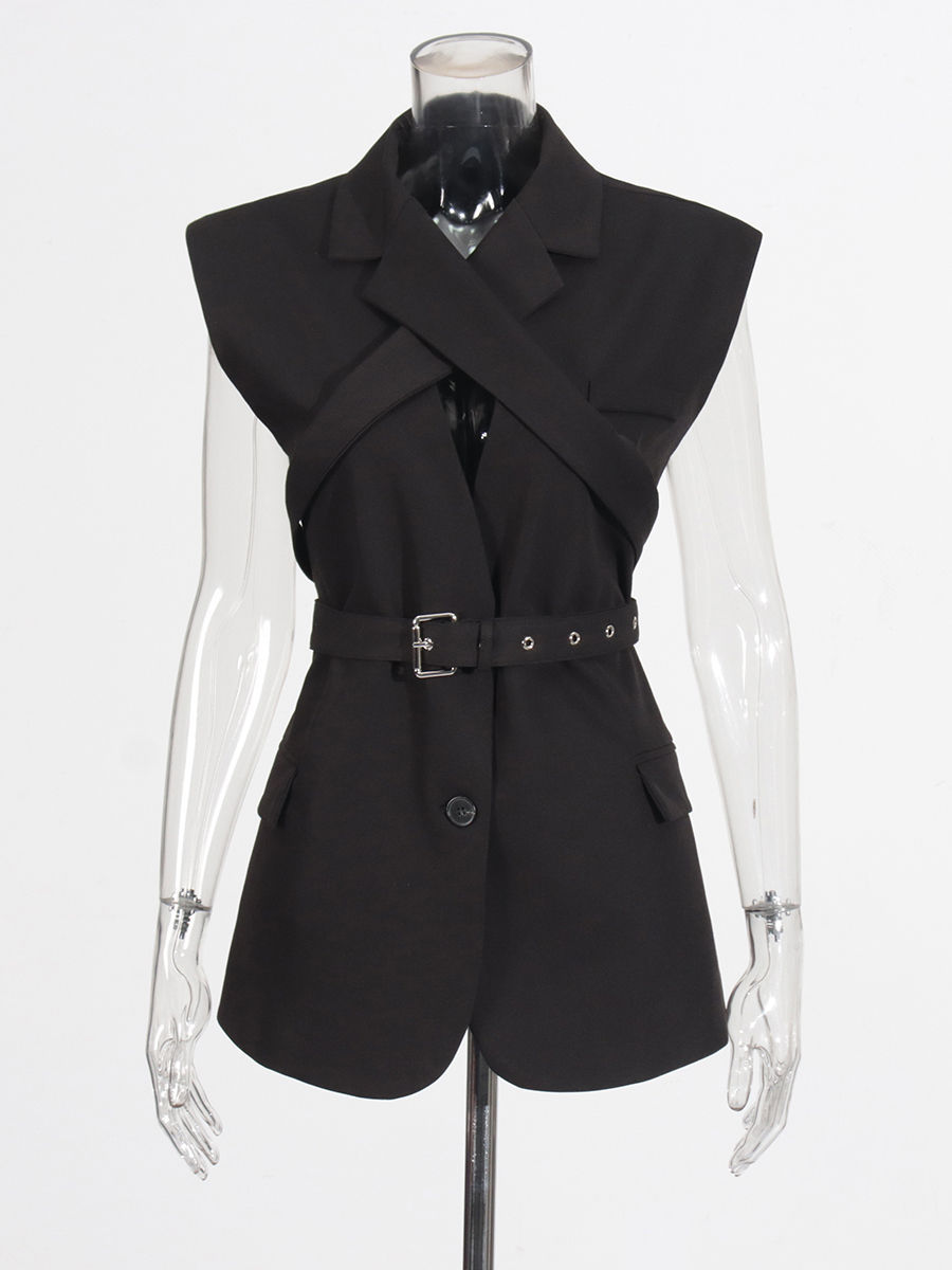 TWOTWINSTYLE Lapel Sleeveless Spliced Belt Fashion Vest
