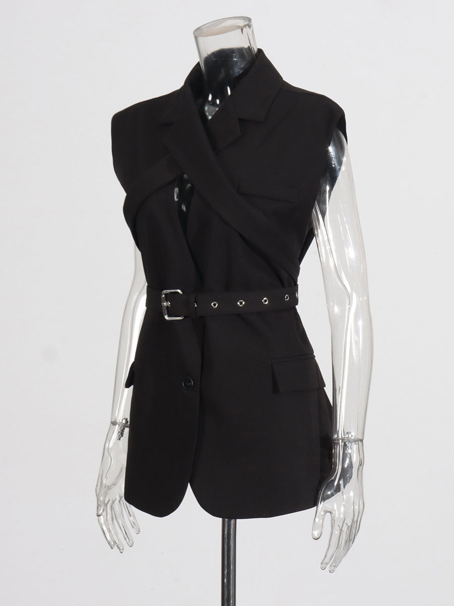 TWOTWINSTYLE Lapel Sleeveless Spliced Belt Fashion Vest