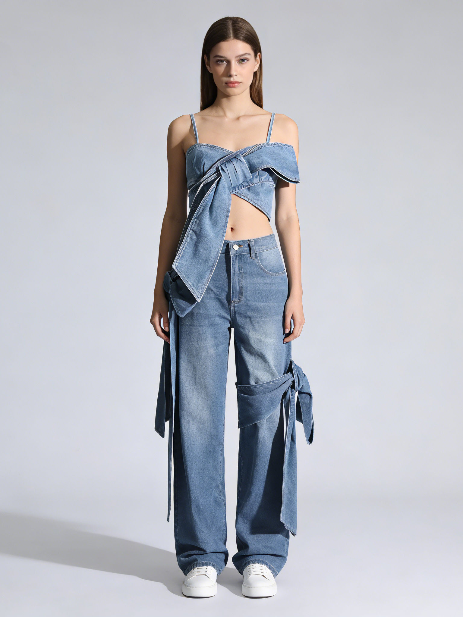 TWOTWINSTYLE Off Shoulder Patchwork Bowknot Top Loose Denim Pants Designer Two Piece Set