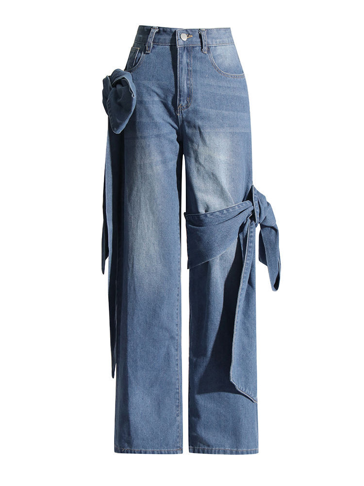 TWOTWINSTYLE Off Shoulder Patchwork Bowknot Top Loose Denim Pants Designer Two Piece Set
