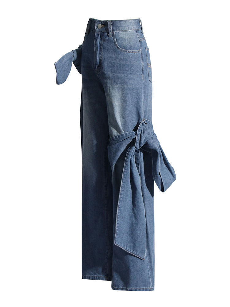 TWOTWINSTYLE Off Shoulder Patchwork Bowknot Top Loose Denim Pants Designer Two Piece Set