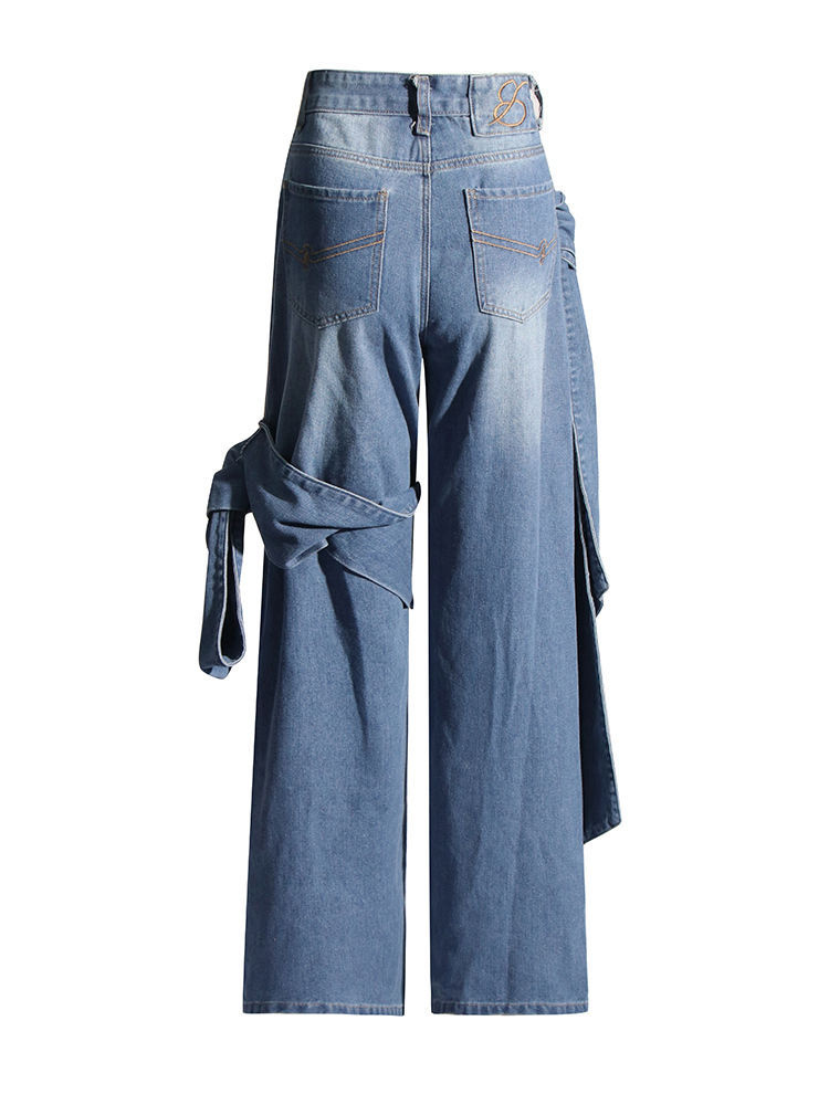 TWOTWINSTYLE Off Shoulder Patchwork Bowknot Top Loose Denim Pants Designer Two Piece Set