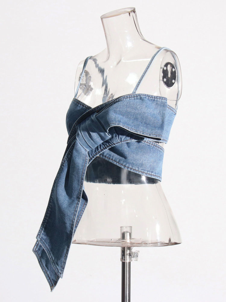 TWOTWINSTYLE Off Shoulder Patchwork Bowknot Top Loose Denim Pants Designer Two Piece Set