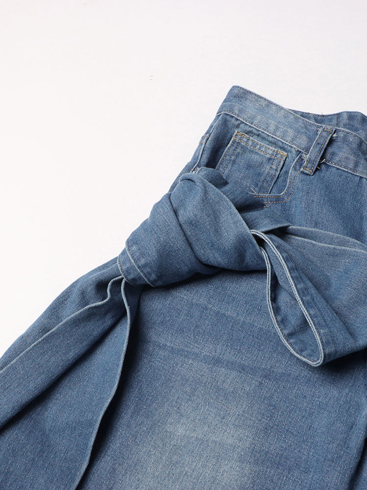 TWOTWINSTYLE Off Shoulder Patchwork Bowknot Top Loose Denim Pants Designer Two Piece Set