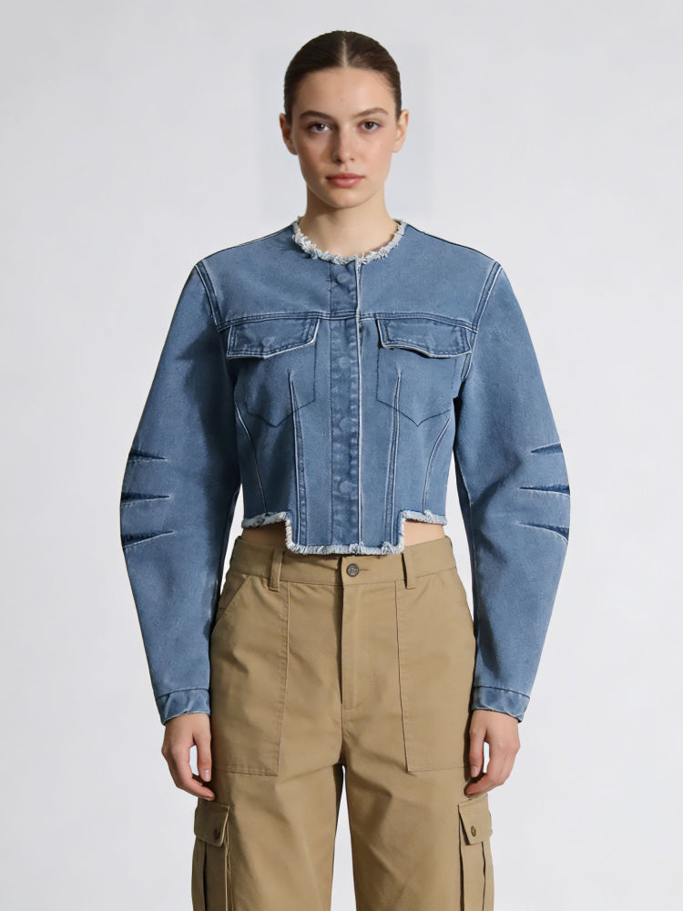 TWOTWINSTYLE Round Neck Patchwork Pocket Vintage Denim Coat