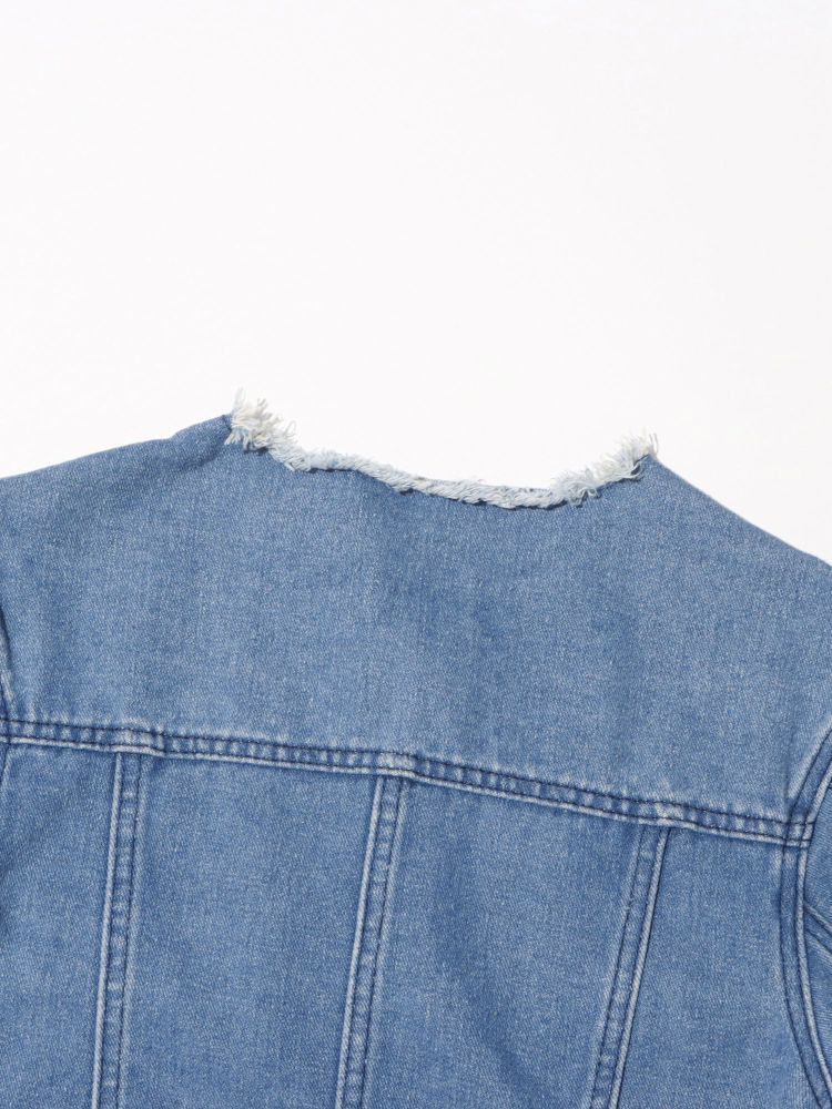 TWOTWINSTYLE Round Neck Patchwork Pocket Vintage Denim Coat