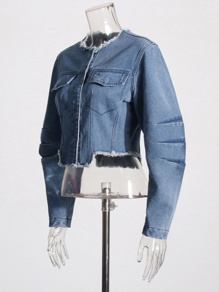 TWOTWINSTYLE Round Neck Patchwork Pocket Vintage Denim Coat