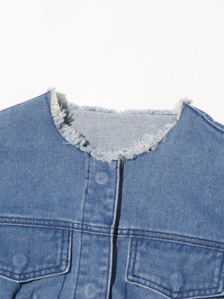 TWOTWINSTYLE Round Neck Patchwork Pocket Vintage Denim Coat