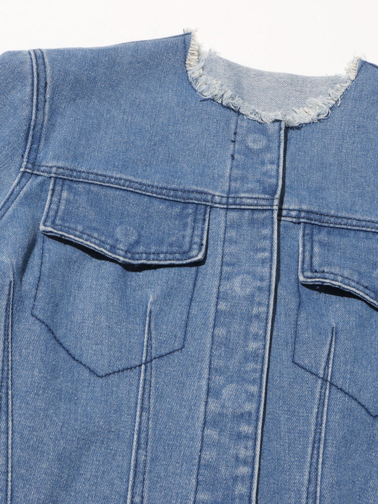 TWOTWINSTYLE Round Neck Patchwork Pocket Vintage Denim Coat