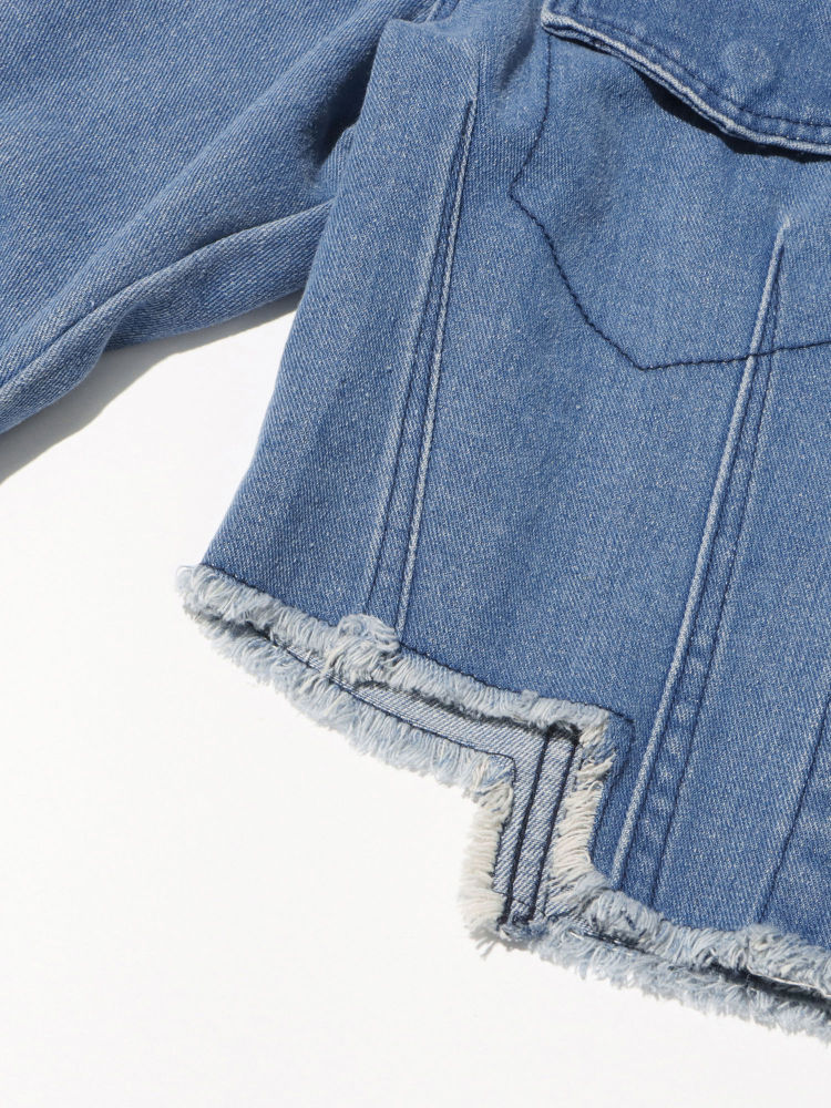 TWOTWINSTYLE Round Neck Patchwork Pocket Vintage Denim Coat