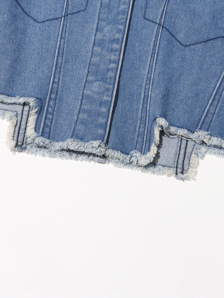 TWOTWINSTYLE Round Neck Patchwork Pocket Vintage Denim Coat