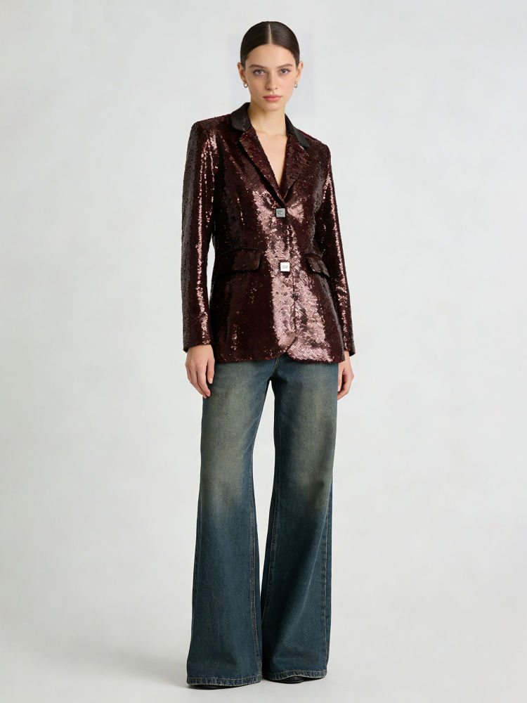 TWOTWINSTYLE Solid Long Sleeve Lapel Patchwork Sequins Vintage Coat