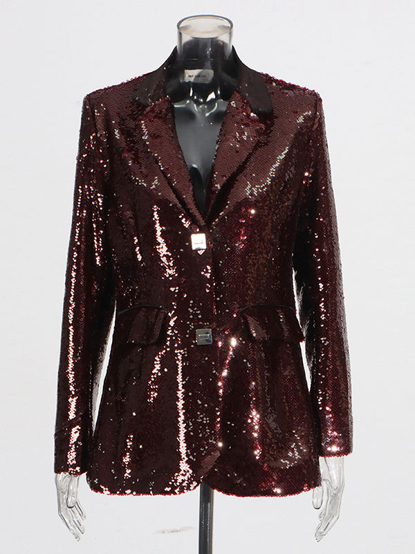 TWOTWINSTYLE Solid Long Sleeve Lapel Patchwork Sequins Vintage Coat