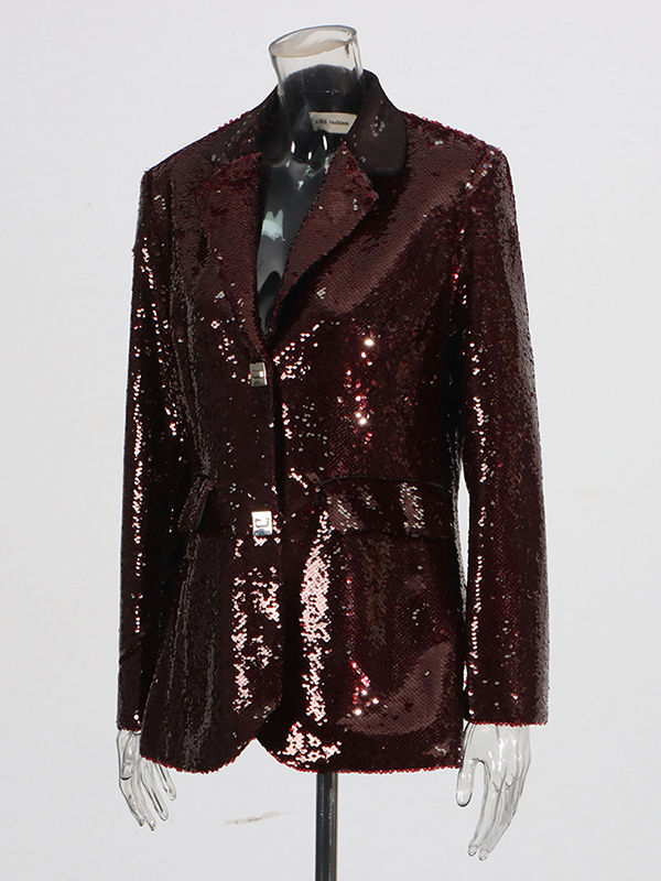 TWOTWINSTYLE Solid Long Sleeve Lapel Patchwork Sequins Vintage Coat
