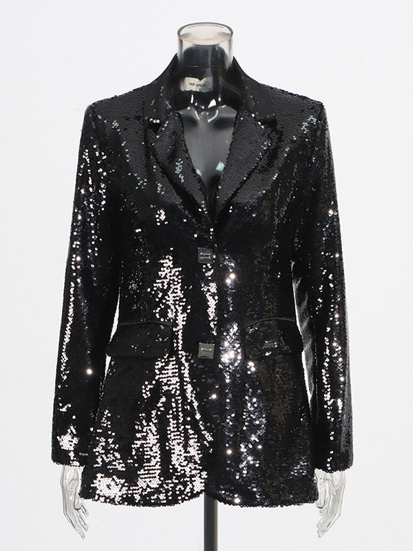 TWOTWINSTYLE Solid Long Sleeve Lapel Patchwork Sequins Vintage Coat