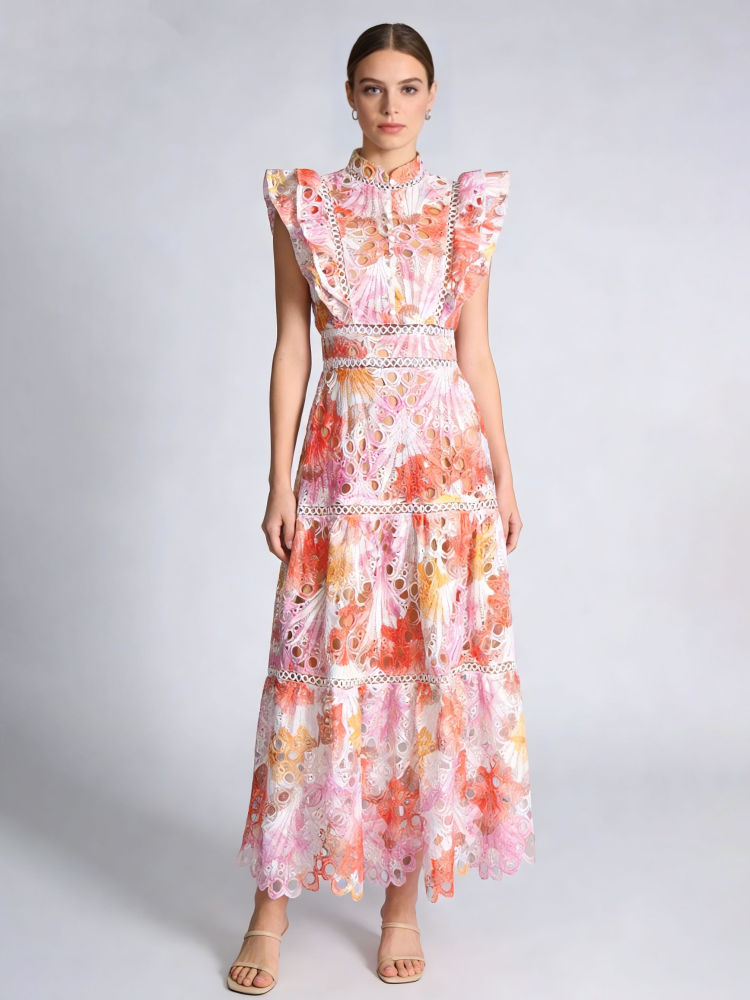 TWOTWINSTYLE Stand Collar Sleeveles Hit Color Elegant Dress