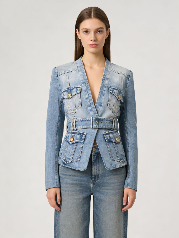 TWOTWINSTYLE V Neck Long Sleeve Spliced Belt Fashion Denim Coat